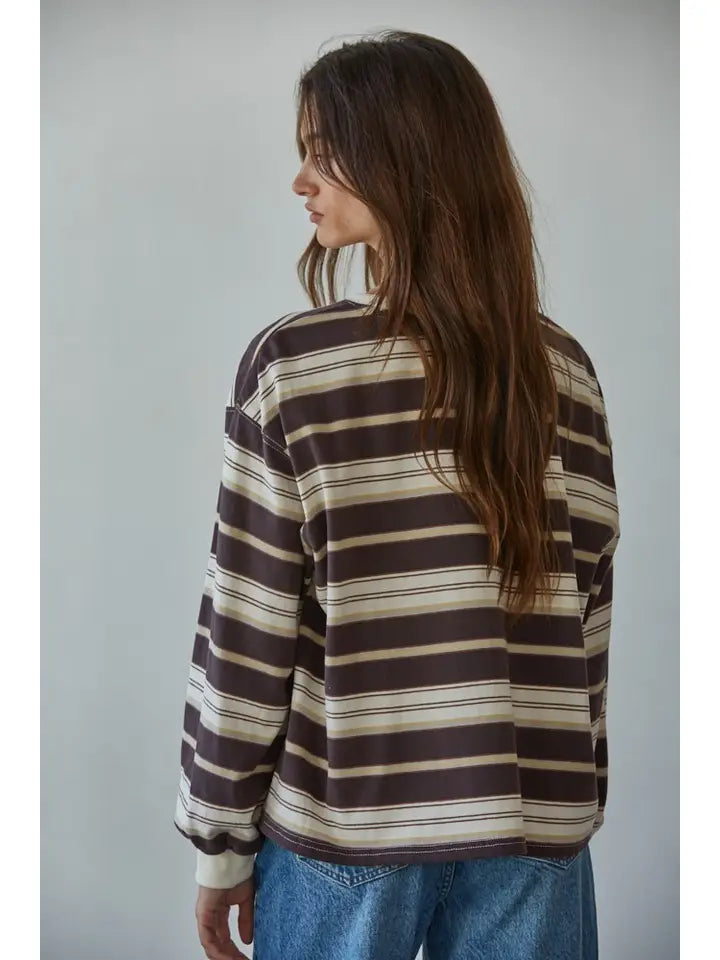 Cotton Striped L/S Top - Cream/Brown