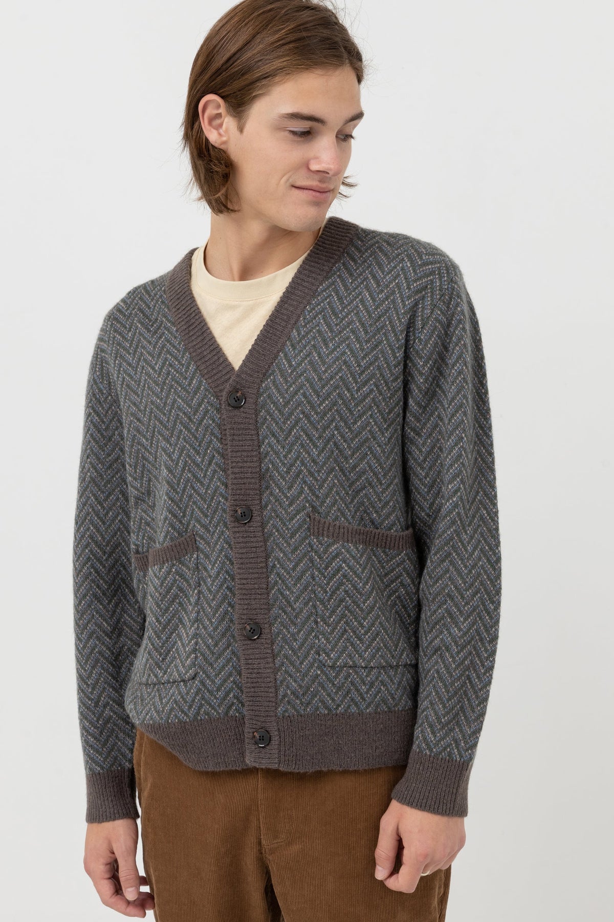 Mohair Herringbone Cardigan - Pacific