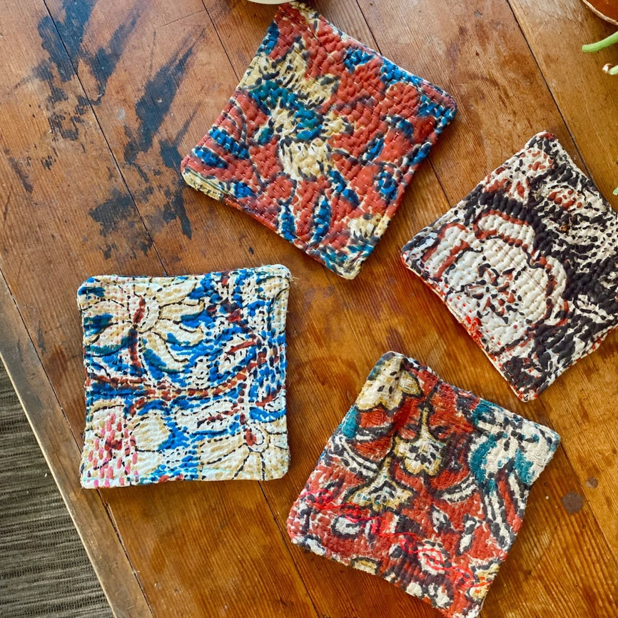 Warm Color Coasters Block Print Hand-Dyed Old Cotton Kanthas