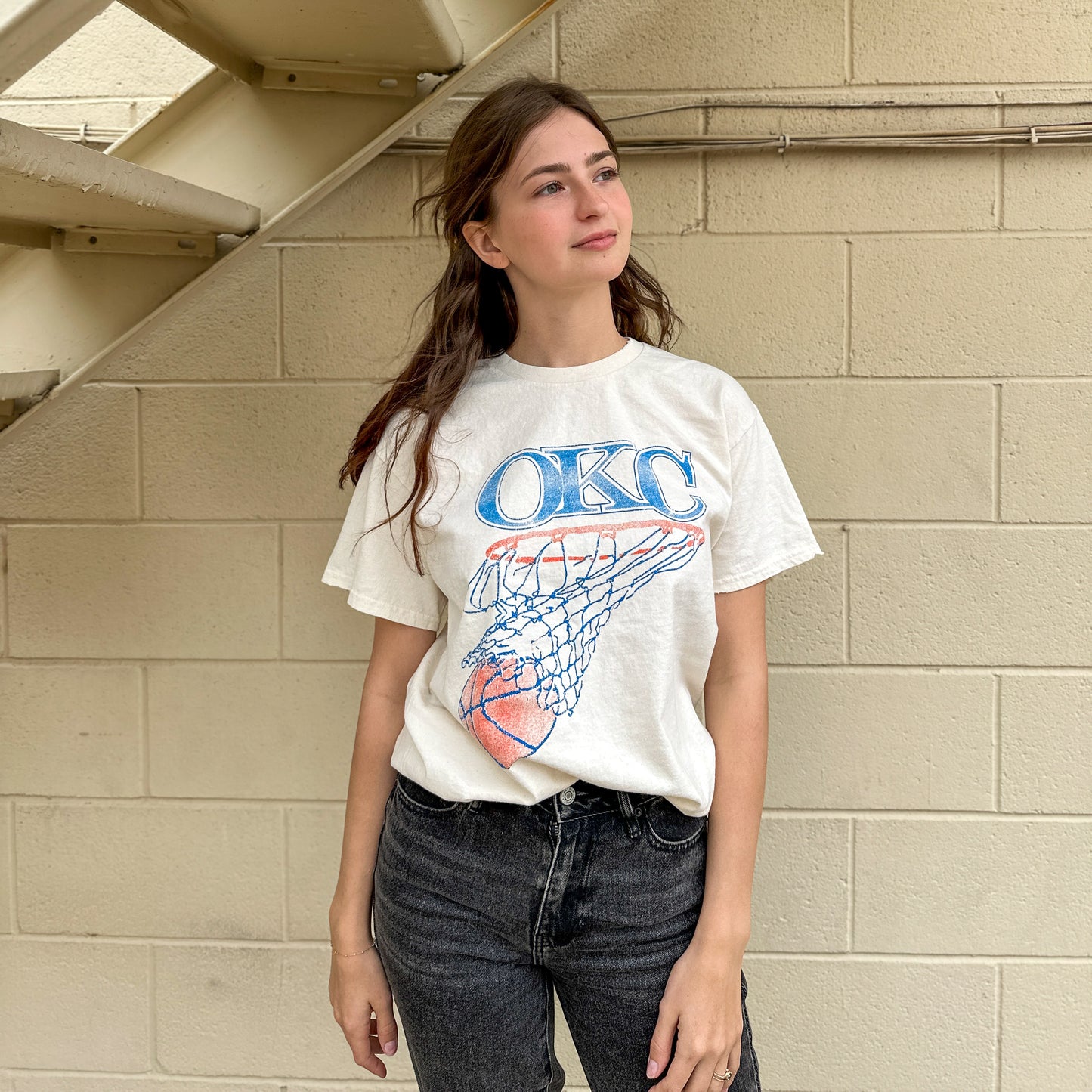 OKC Basketball Net Thrifted Tee - Off White