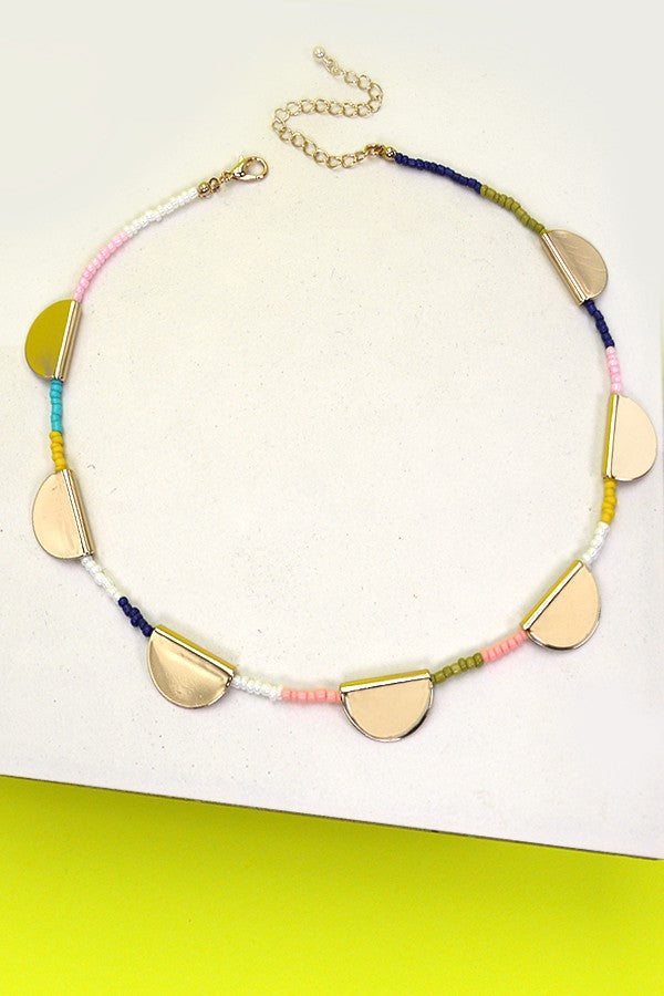 Multi Seed Bead and Metal Half Circle Necklace