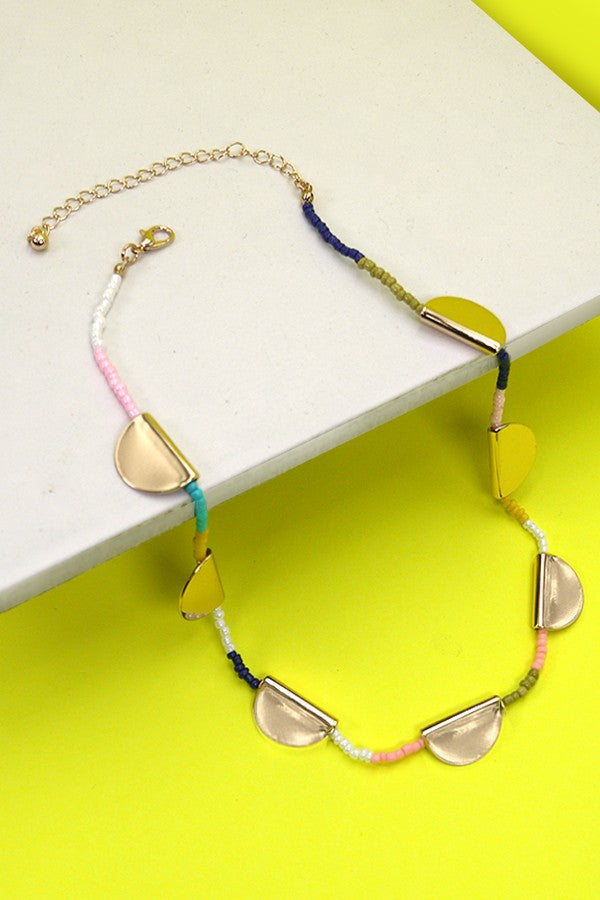 Multi Seed Bead and Metal Half Circle Necklace