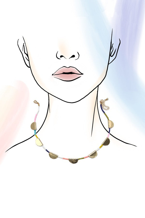 Multi Seed Bead and Metal Half Circle Necklace