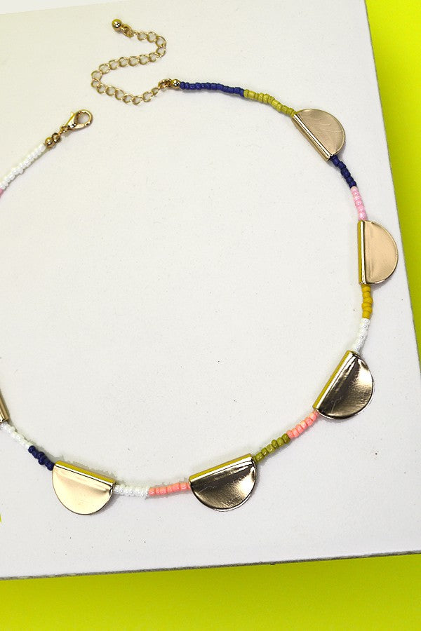 Multi Seed Bead and Metal Half Circle Necklace