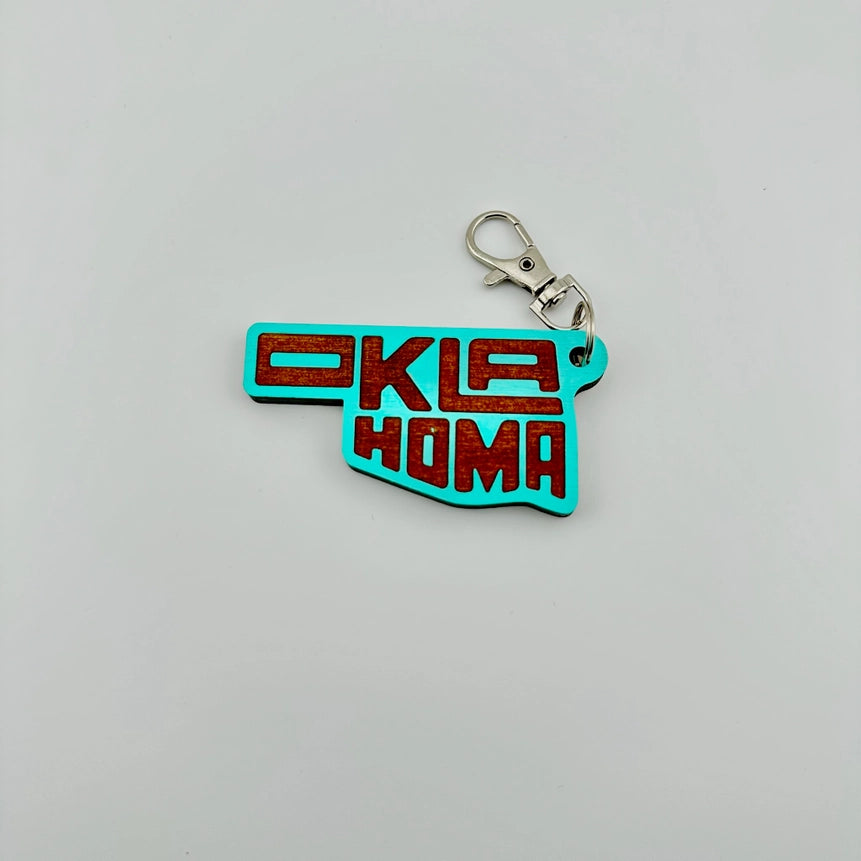 OK State Fill Wooden Keychain - Turquoise