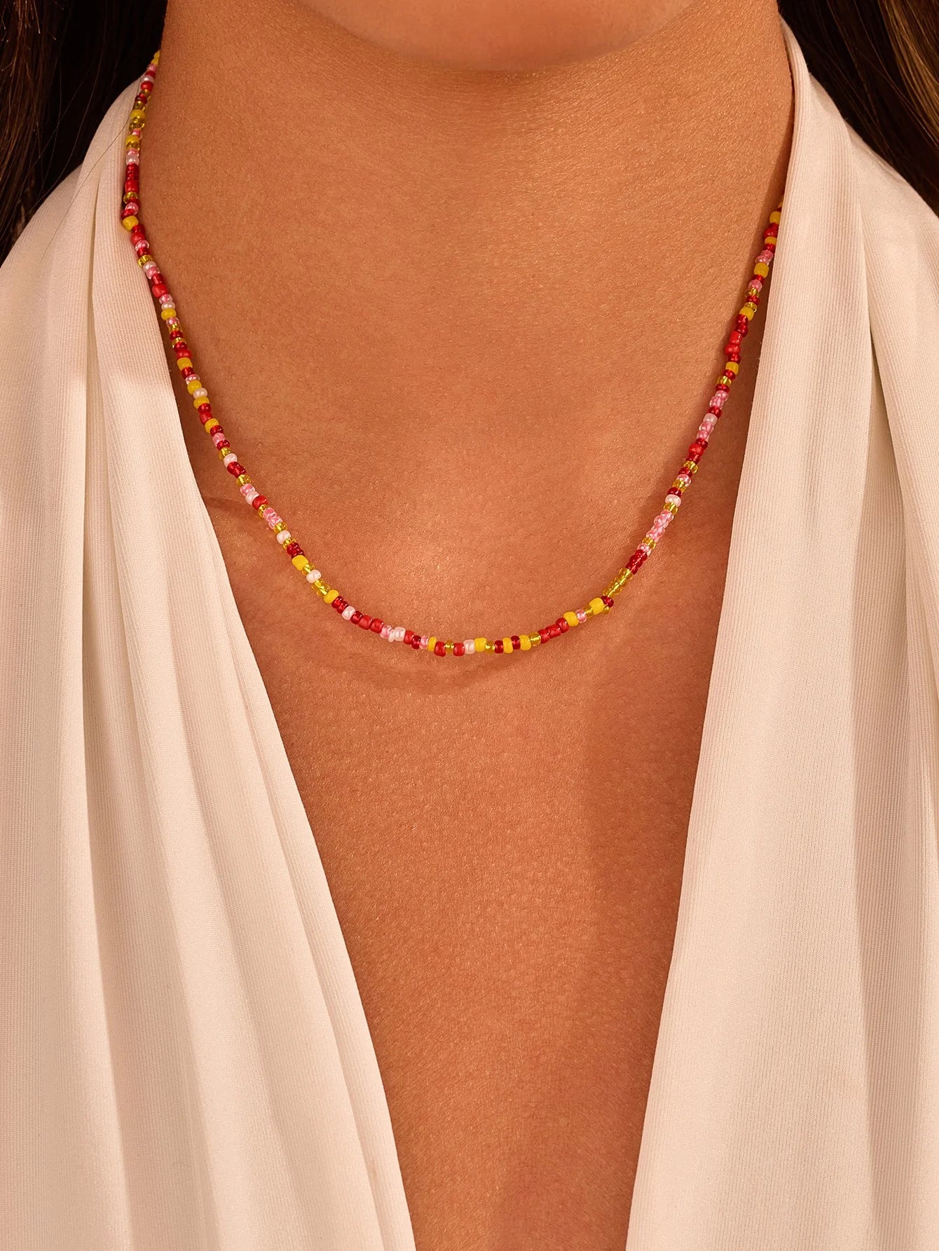 Stainless Steel Beaded Necklace - Red