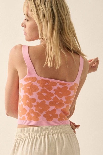 Floral Knit Cropped Sweater Tank Top - Apricot