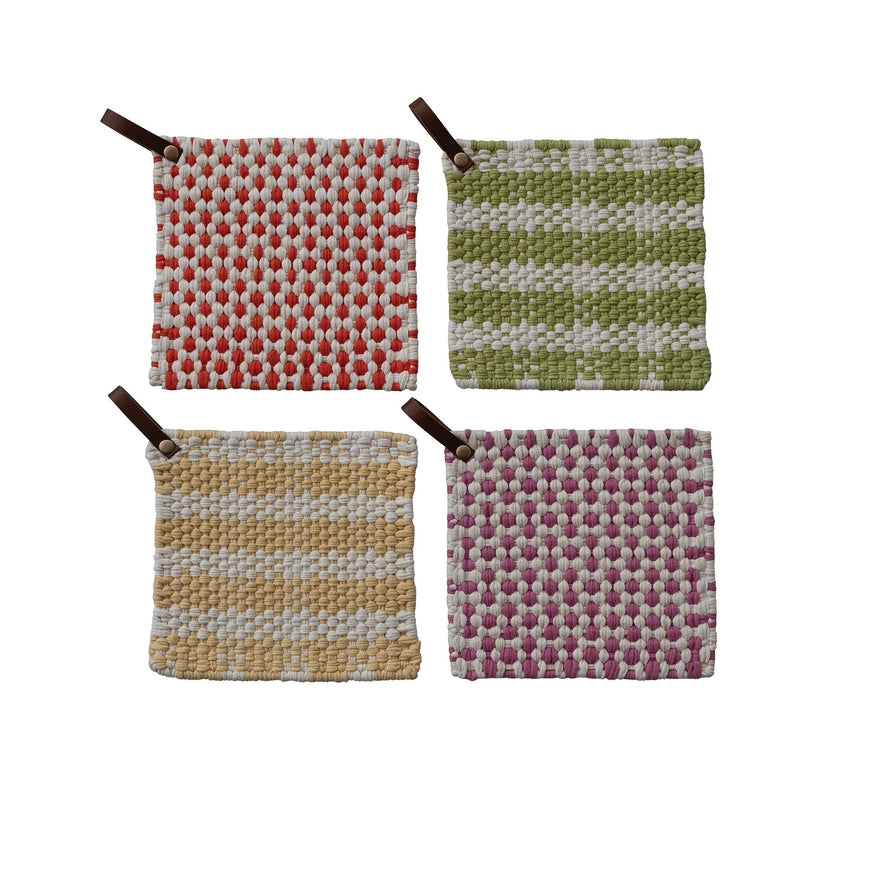 Cotton Crocheted Pot Holder W Leather