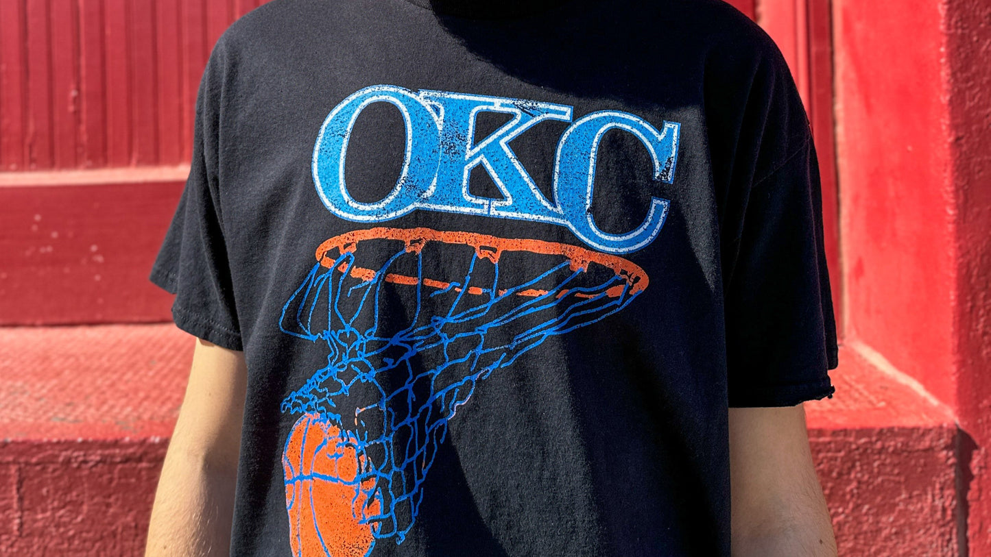 OKC Basketball Net Thrifted Tee - Black