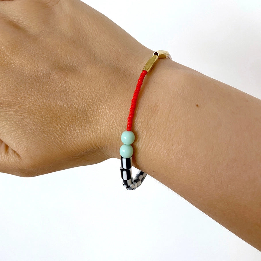 Dot Beaded Bracelet - Mint and Postbox Red