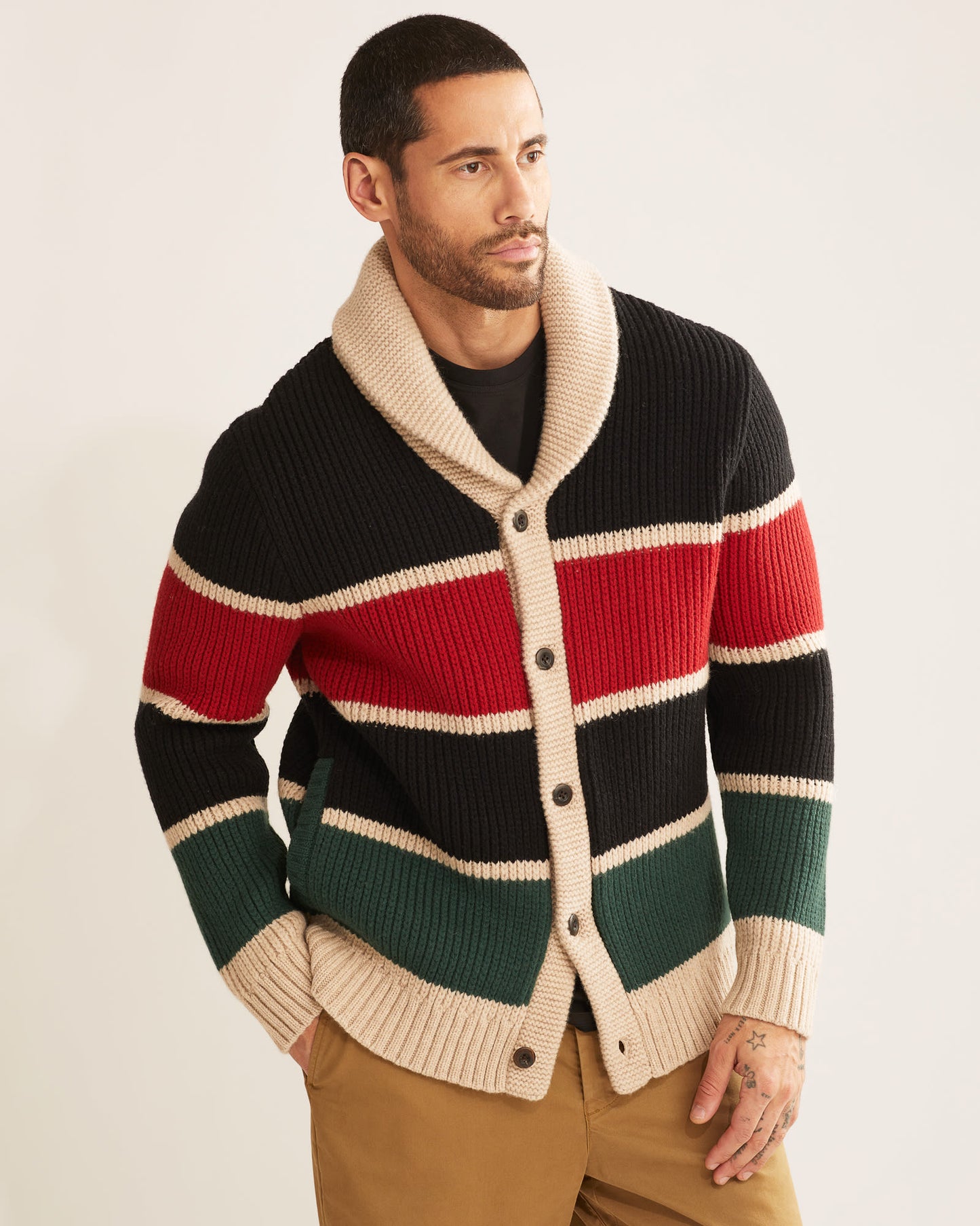 Ranger Stripe Lambswool Cardigan - Black/Green/Red