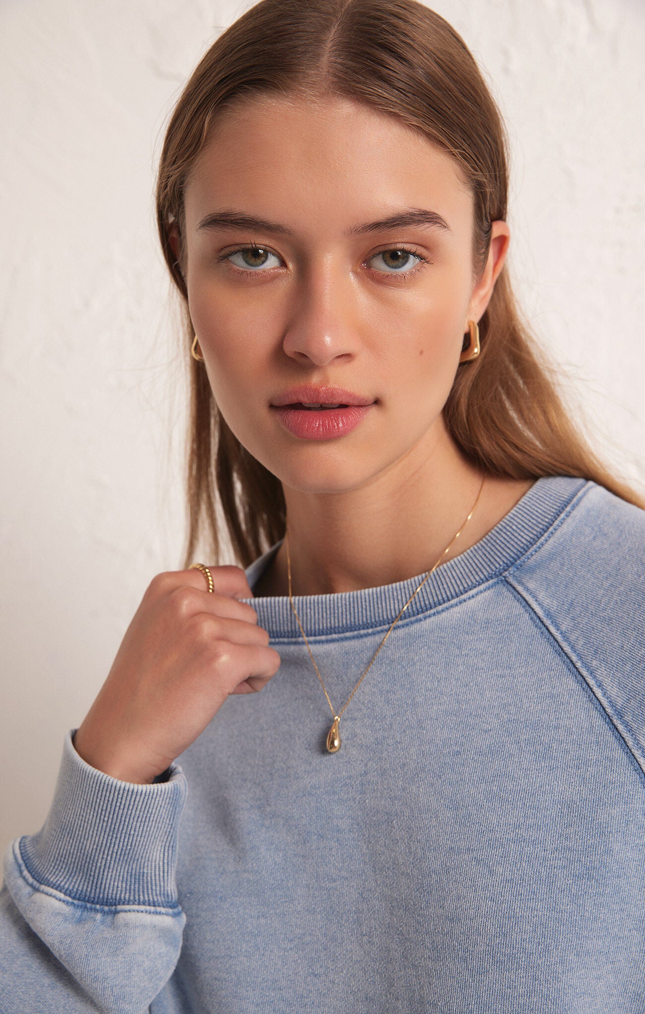 Crop Out Knit Denim Sweatshirt - Washed Indigo