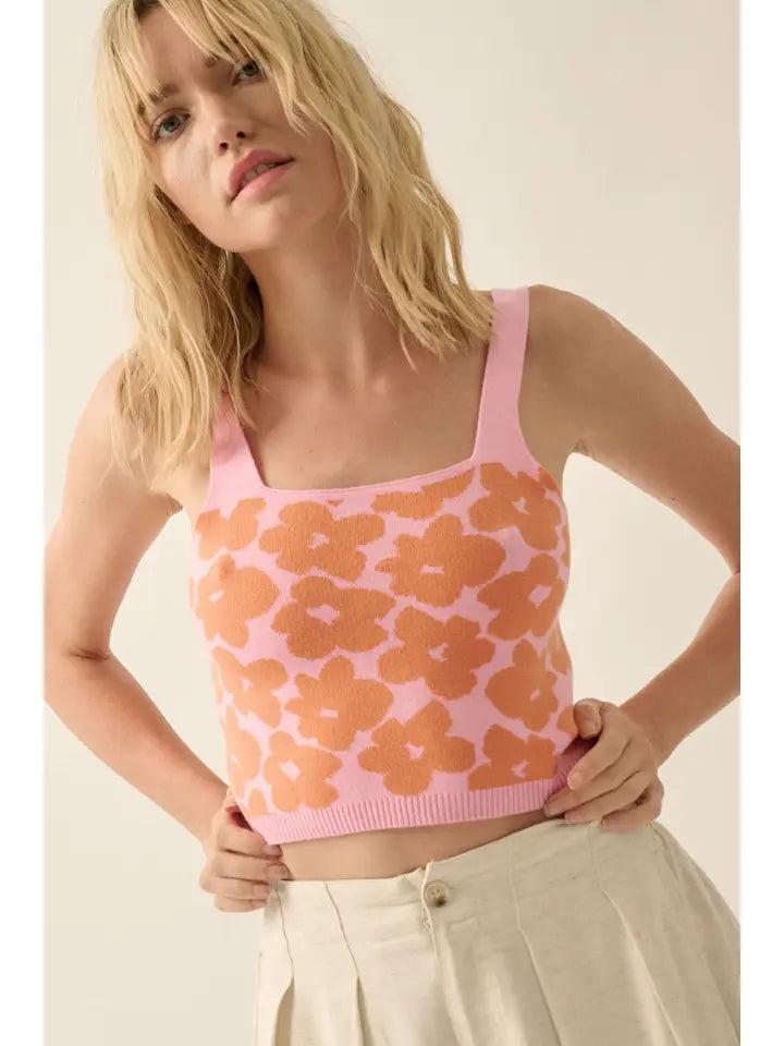 Floral Knit Cropped Sweater Tank Top - Apricot