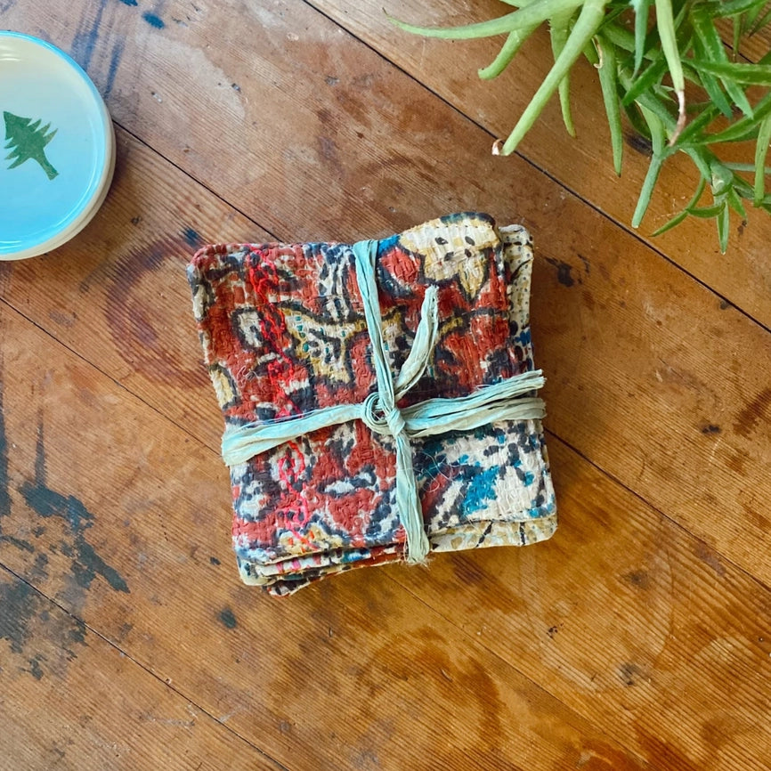 Warm Color Coasters Block Print Hand-Dyed Old Cotton Kanthas