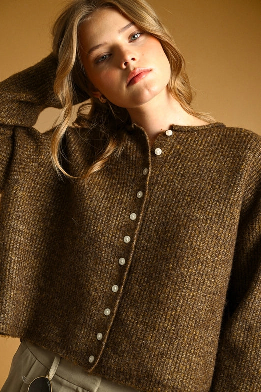 Ribbed Sweater Cardigan - Brown