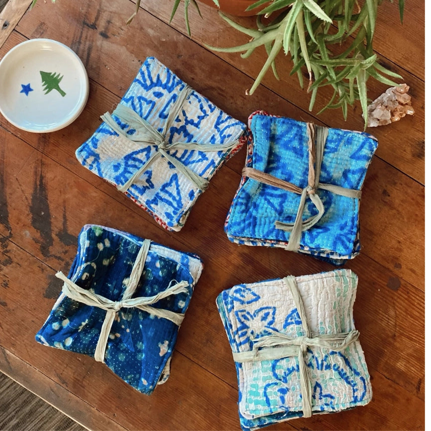 Coasters White and Indigo-Dyed Old Cotton Kanthas