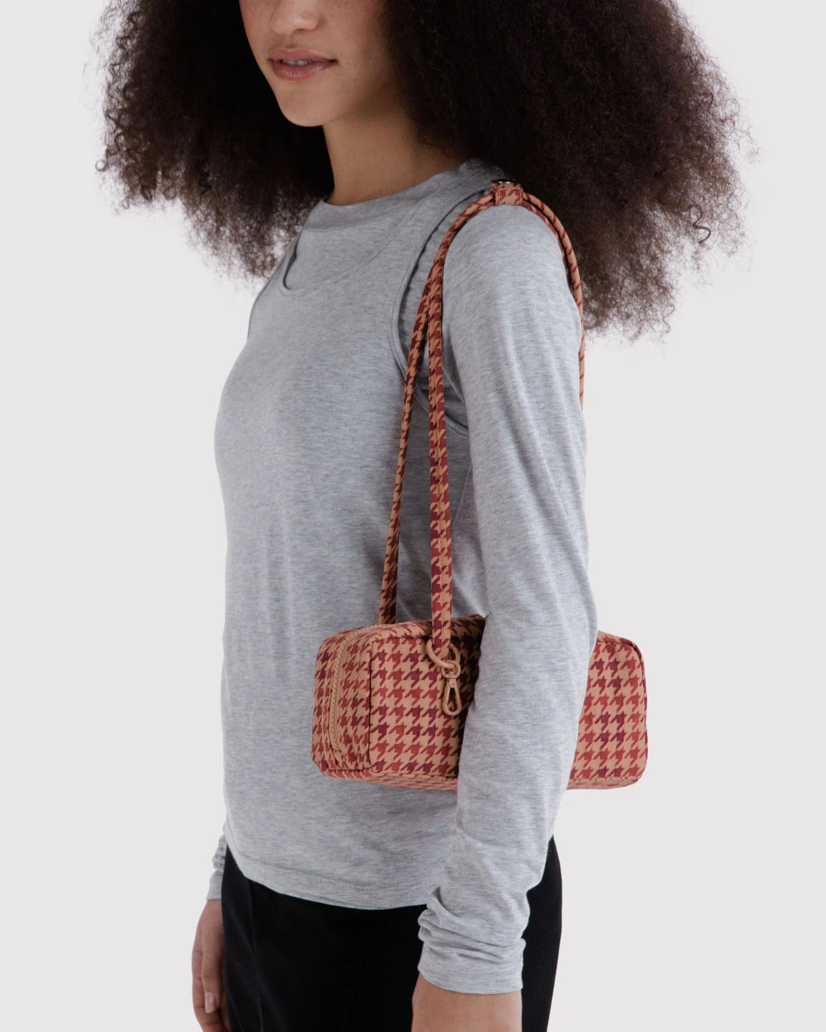 Small Nylon Bowler Bag - Tan Houndstooth