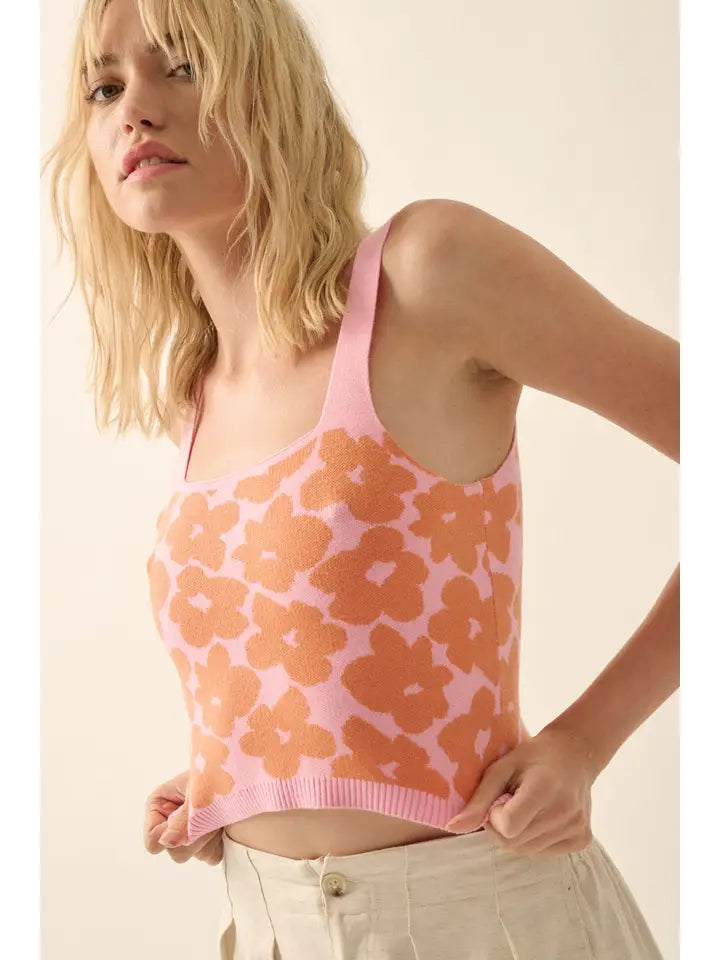 Floral Knit Cropped Sweater Tank Top - Apricot