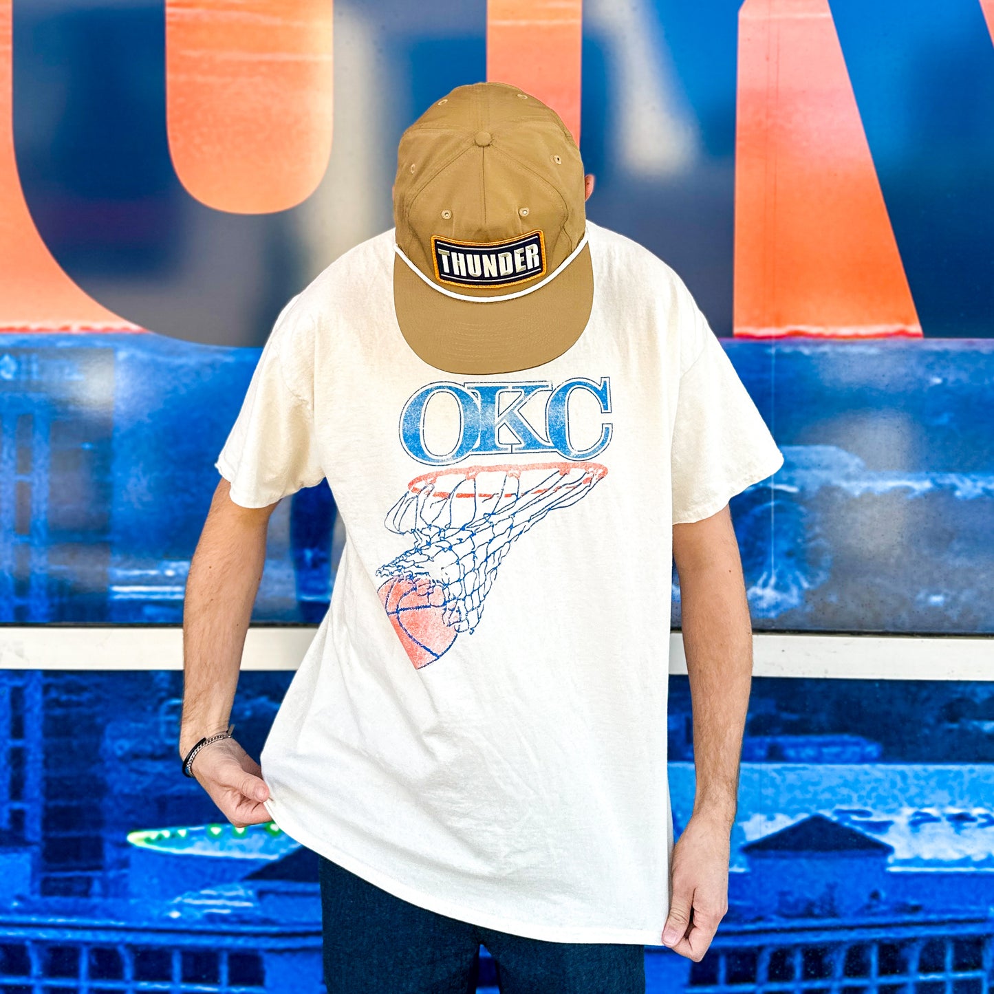 OKC Basketball Net Thrifted Tee - Off White