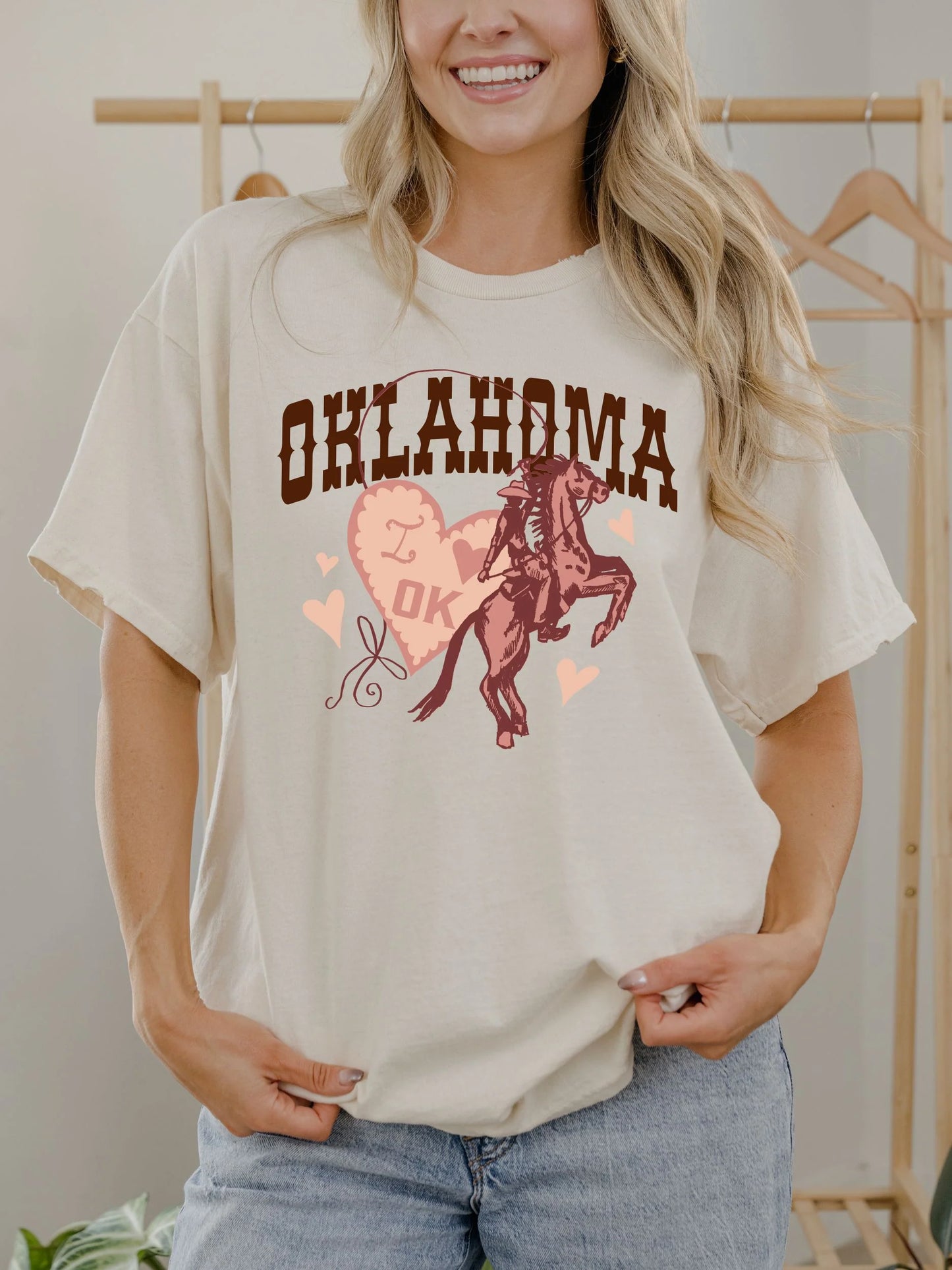Oklahoma Hearts & Horses Thrifted Tee - Off White
