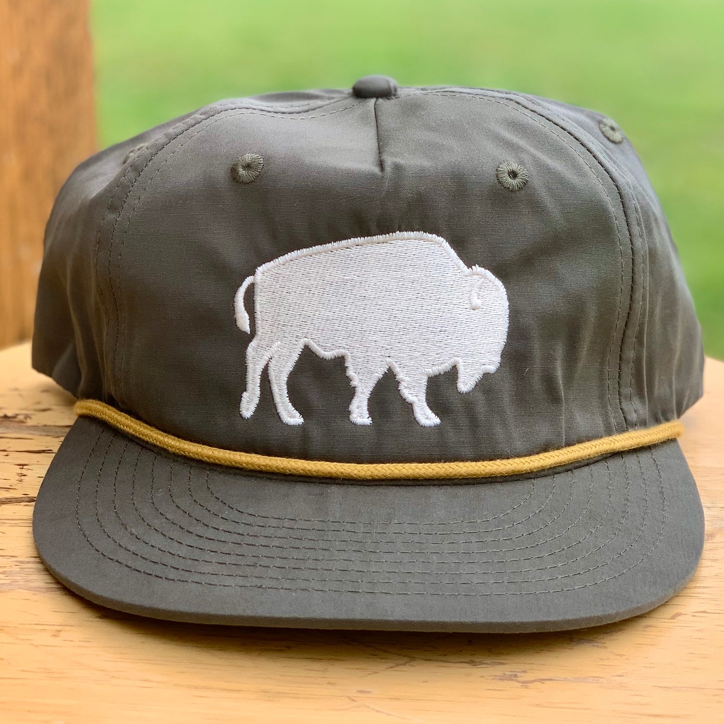 White Stitch Bison Hat - Olive