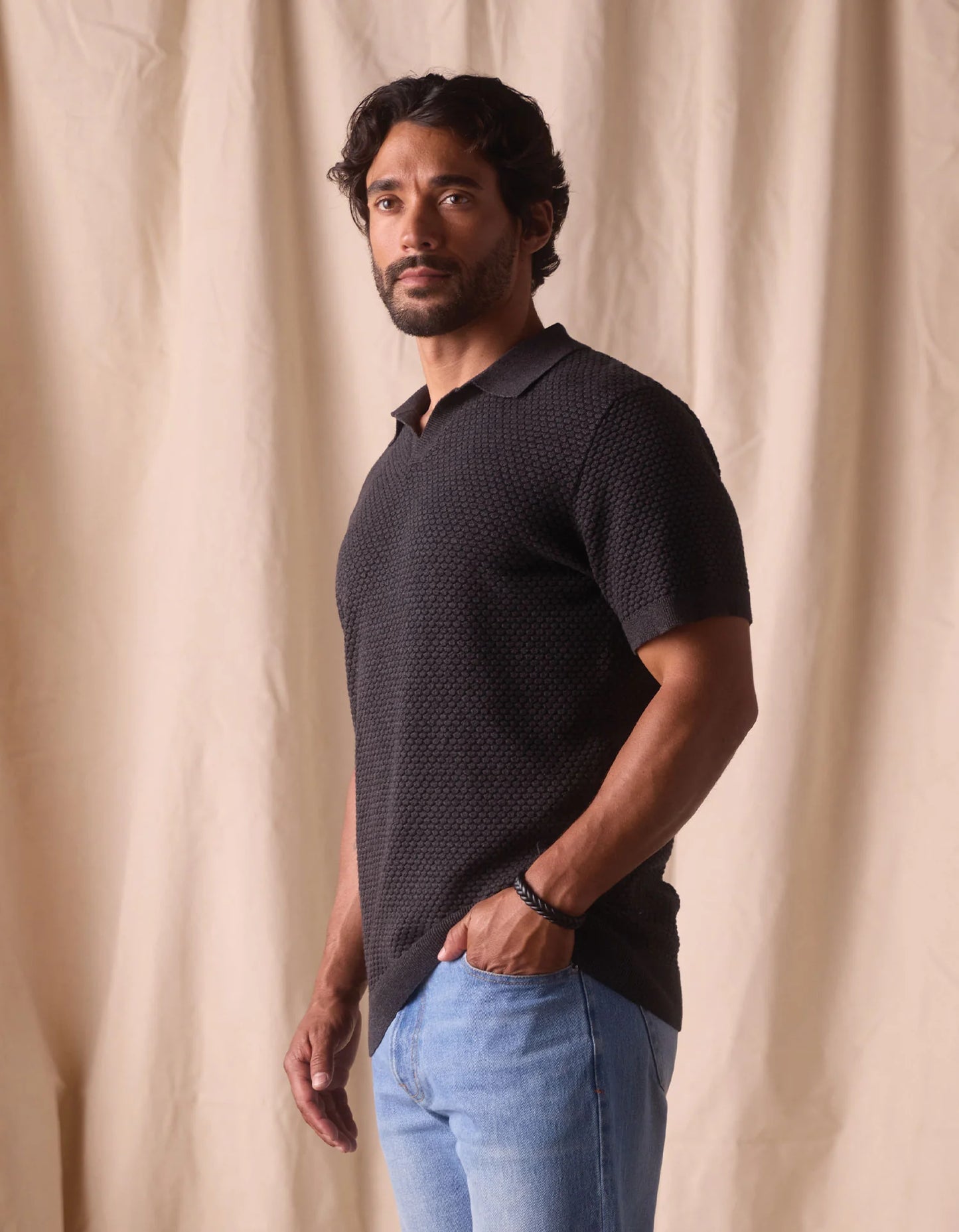 Robles Knit Jacquard Polo - Charcoal