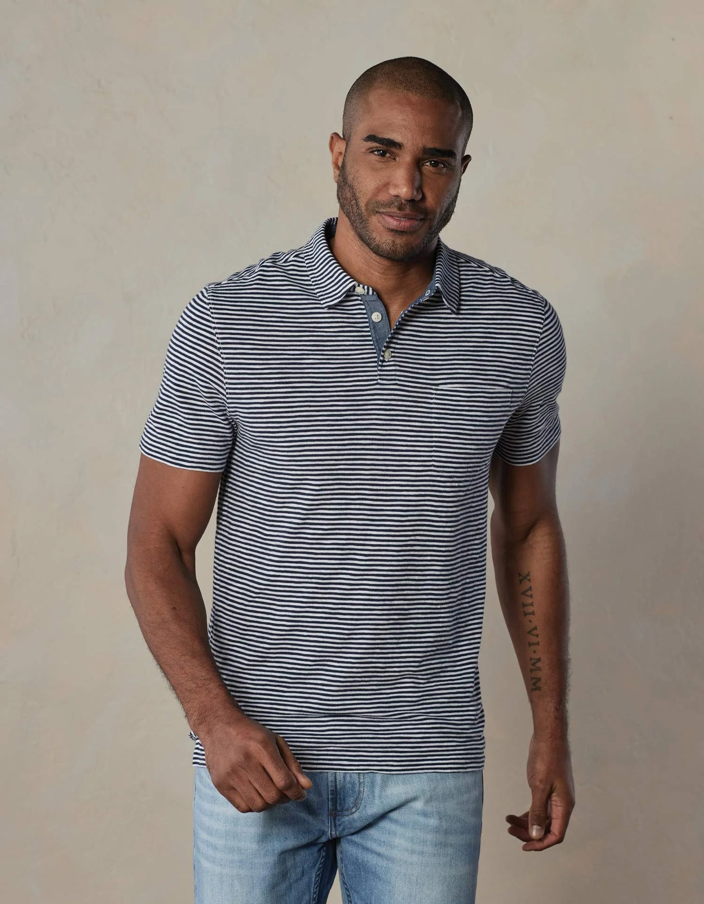 Vintage Slub Pocket Polo - Navy Stripe