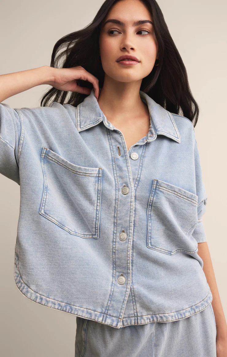 All Day Cropped Knit Denim Jacket - Washed Indigo
