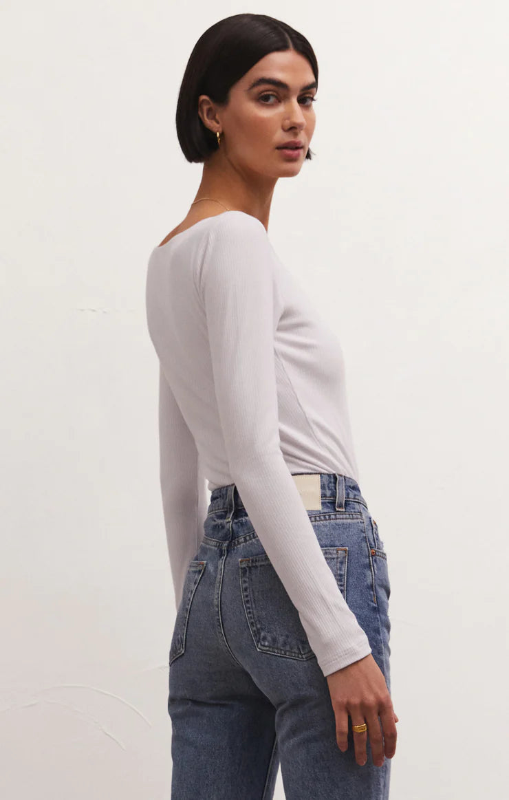 Aden V-Neck Rib L/S Top - White