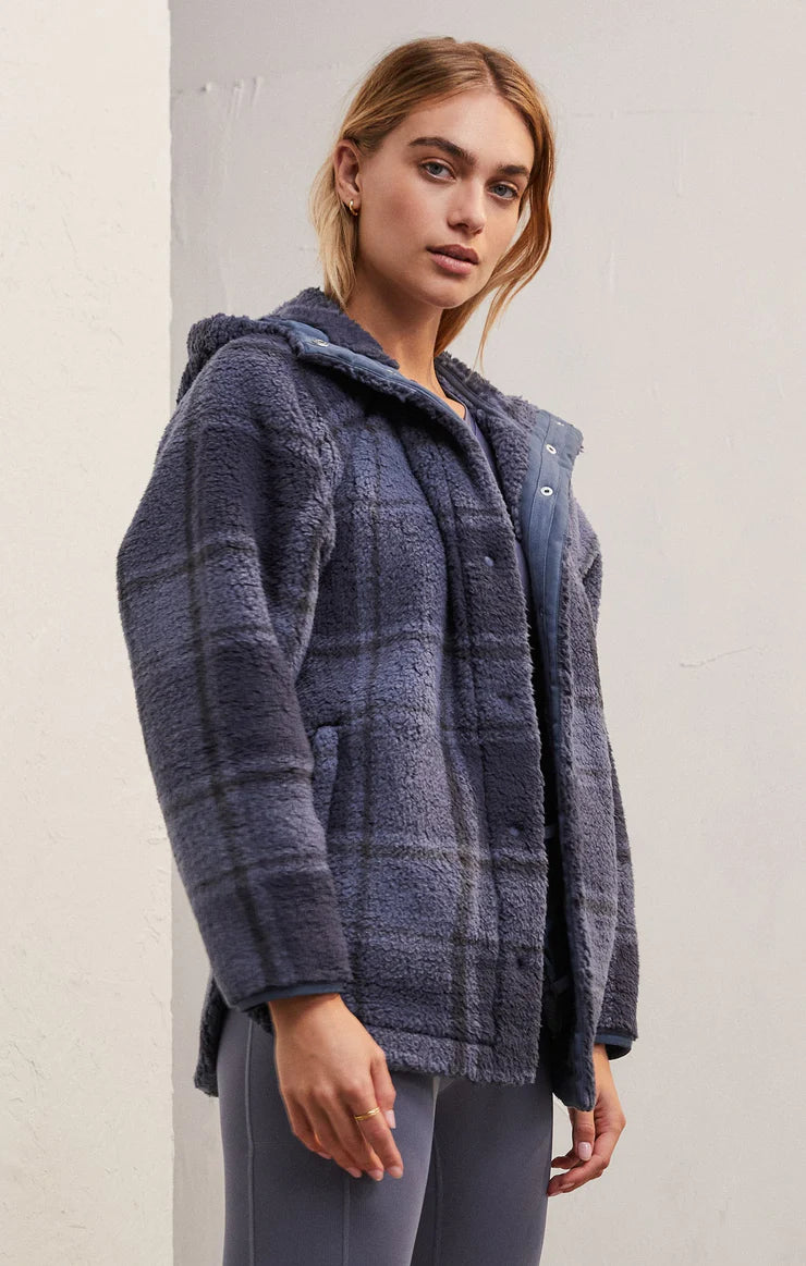 Cross Country Plaid Sherpa Jacket - Blue Ash