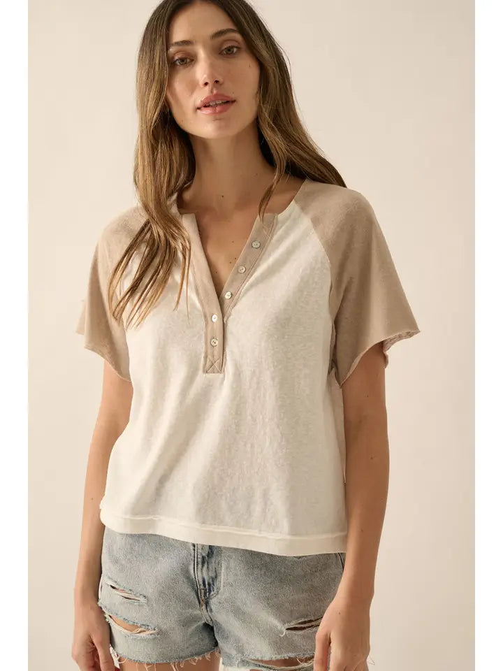 Easy Fit Colorblock Henley V-Neck Knit Top - Cream/Taupe