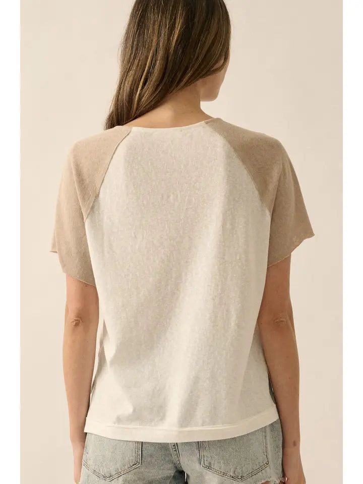 Easy Fit Colorblock Henley V-Neck Knit Top - Cream/Taupe