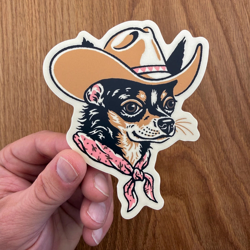 Chihuahua (Black/Tan) Vinyl Cowboy Dog Sticker 4"