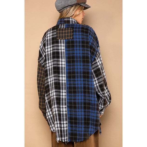 Contrast Plaid Sleeve Button Down Shirt - Black/Blue Multi