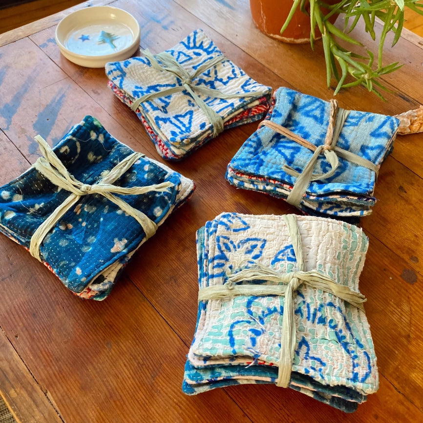 Coasters White and Indigo-Dyed Old Cotton Kanthas