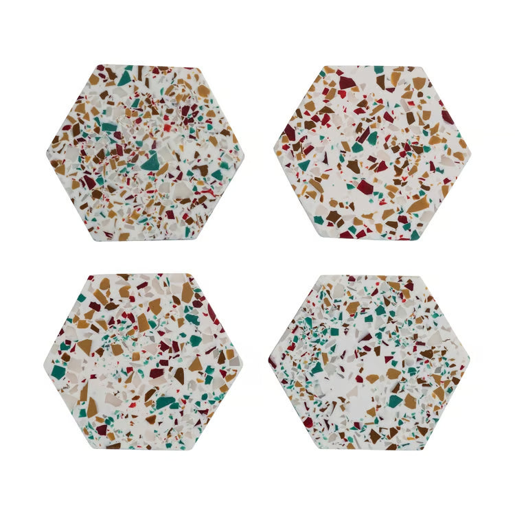 S/4 4"L x 4"W Hexagon Resin Coasters - Multicolor