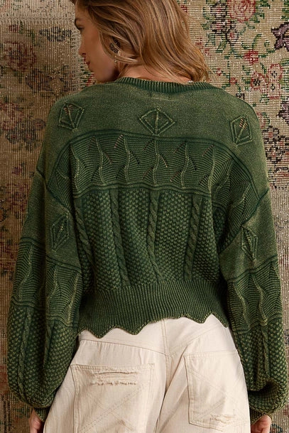Zig-Zag Hem Washed Cardigan - Morning Olive
