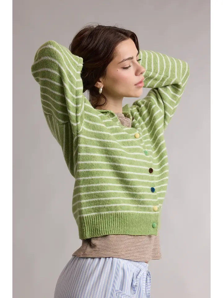 Striped Button Up Cardigan - Matcha/Cream