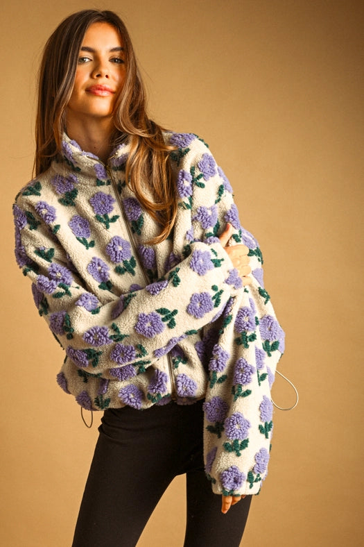Flower Pattern Sherpa Jacket - Ecru/Periwinkle