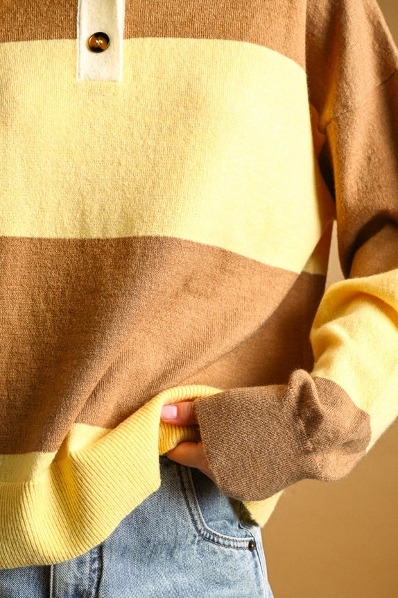 Color Block Collared Sweater - Butter/Brown