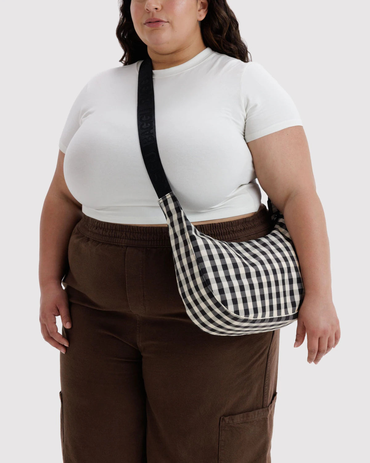 Medium Nylon Crescent Bag - Black & Cream Gingham