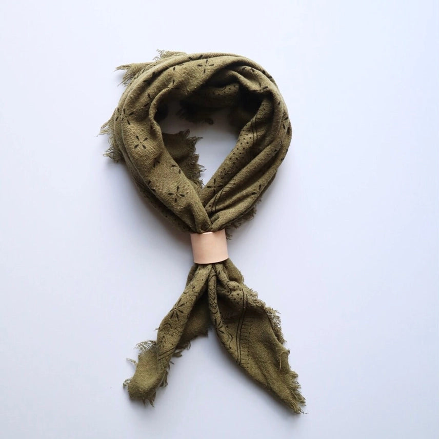 Olive Green Classic Print Naturally Dyed Bandana (Black Ink)