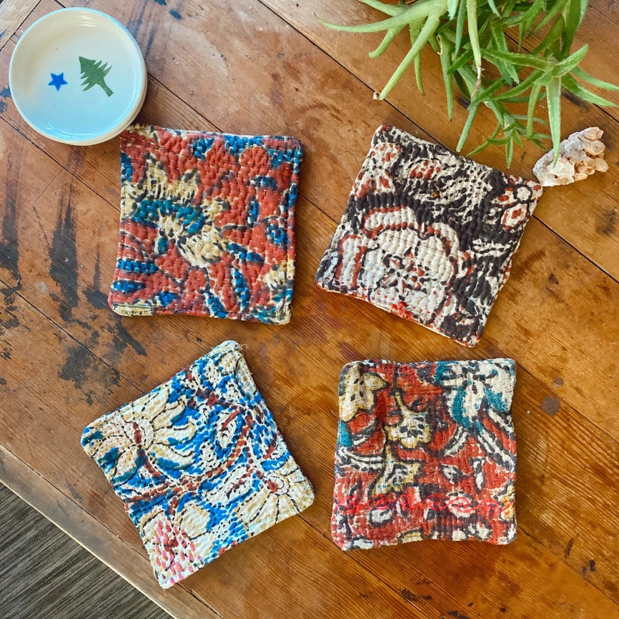 Warm Color Coasters Block Print Hand-Dyed Old Cotton Kanthas