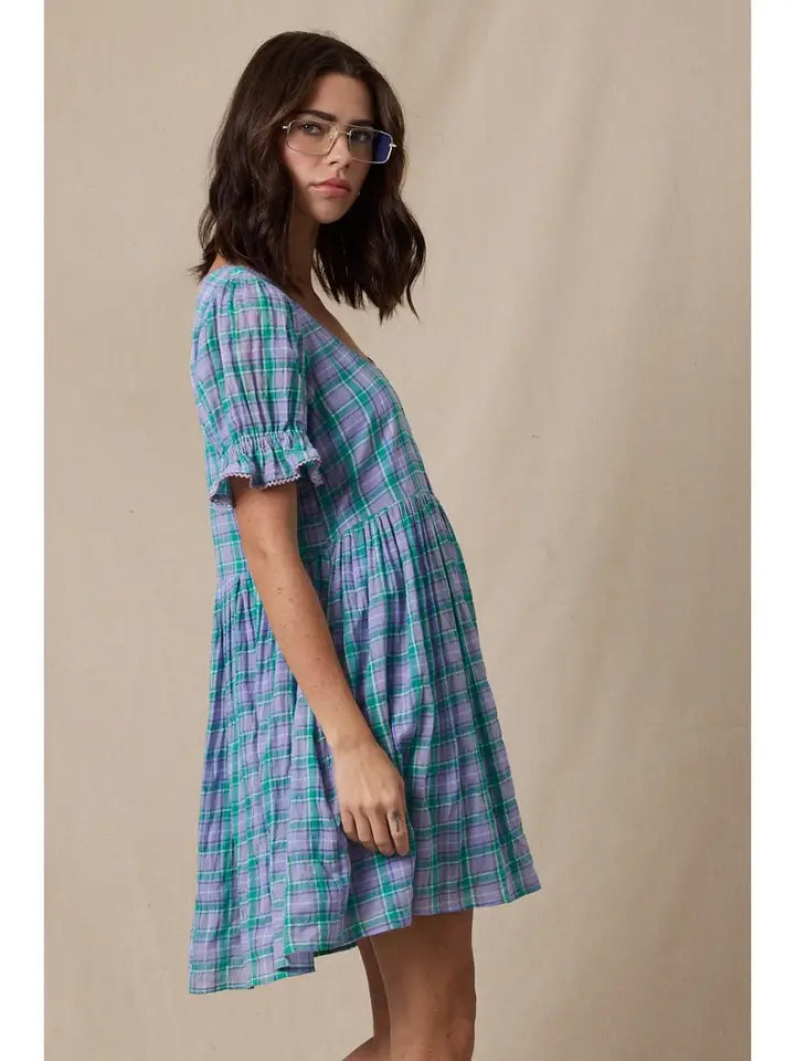 Mini Dress - Lavender/Teal Plaid