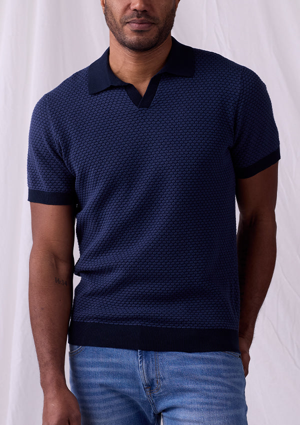 Robles Knit Jacquard Polo - Denim/Navy