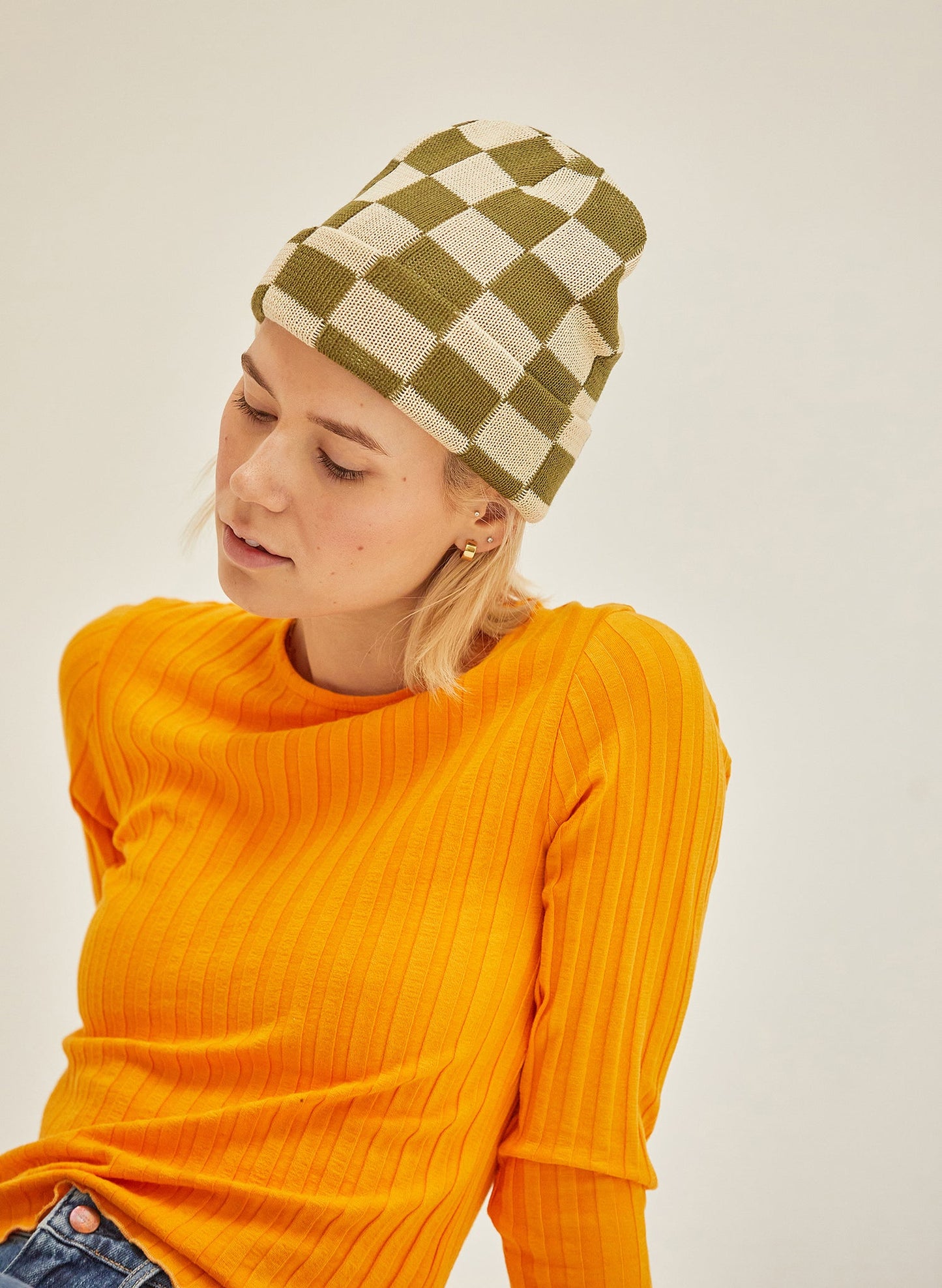 Checkerboard Hemp Slacker Beanie - Cactus