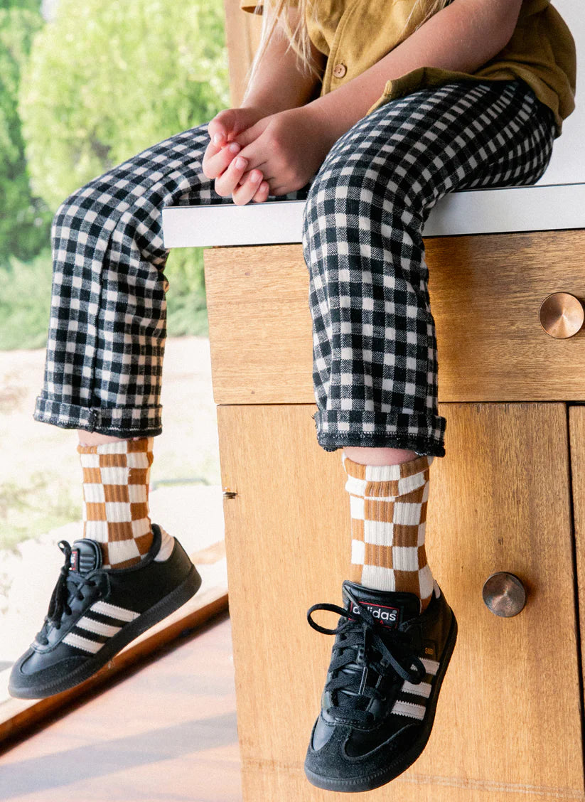 Kids Checkerboard Crew Socks - Rust/Cream