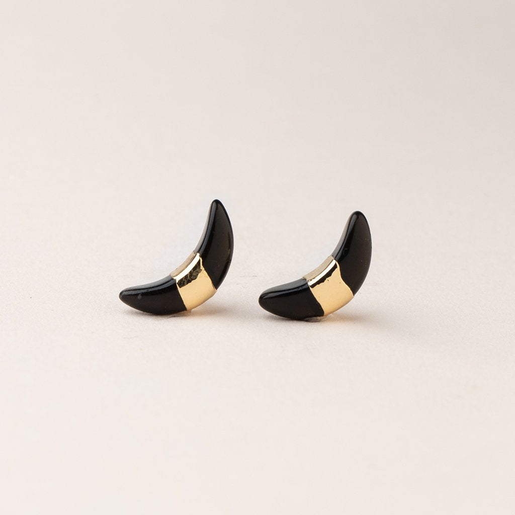 Crescent Moon Black Spinel/Gold Studs