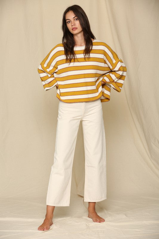 Wide Arm Horizontal Knitted Stripe Pullover Sweater Gold Multi