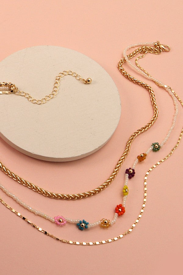 Flower Beads Layered Necklace - Gold